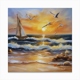 Oil painting design on canvas. Sandy beach rocks. Waves. Sailboat. Seagulls. The sun before sunset.14 Canvas Print
