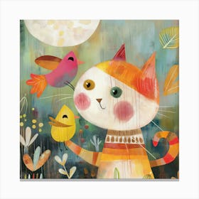 Cat And Birds Are Playing Together Canvas Print