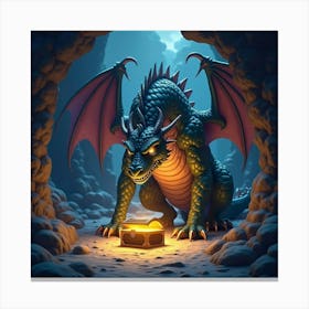 A Giant, Glowing Dragon Protecting A Treasure Chest In A Cave 1 Canvas Print