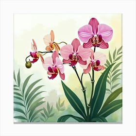 A Watercolor Painting Of Orchids Blooming In A Tropical Garden Canvas Print