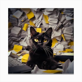 Black Cat In A Pile Of Papers Canvas Print