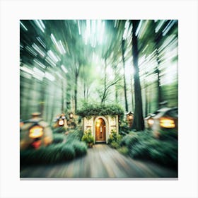 A whimsical forest scene with a path leading to a small and glowing house. Canvas Print