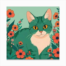 Green Cat In Flowers Canvas Print