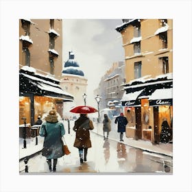 Paris cafes, winter season, Christmas, pale colors, pedestrians in the street, winter clothes, falling snow.7 Canvas Print