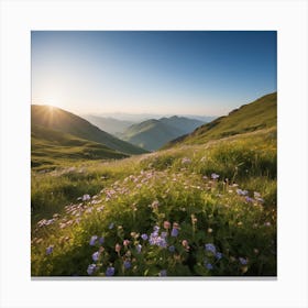 A Lush Green Mountain Filled With Blooming Wildflowers Basks In Warm Sunlight Under A Clear Blue Sky, Its Natural Beauty Portrayed Serenely Canvas Print