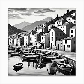 Modern Fishing Village Monochrome Cubism Style Canvas Print