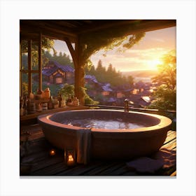 A Rustic Bath On A Deck Over Looking A Village Scene Bathed In The Ethereal Glow Of A Heavenly Realm Canvas Print