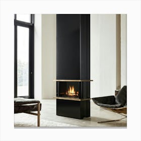 A Minimalist And Geometrically Bold Fireplace Design Narrow In Structure Featuring Polished Black Canvas Print