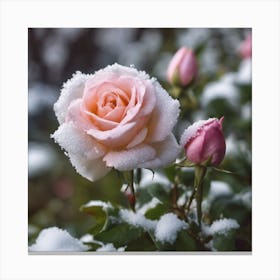 Pink Roses In The Snow Canvas Print