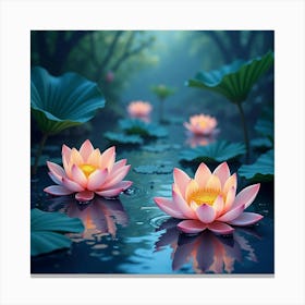 Mystical Pond With Glowing Lotus Flowers, Watercolor 1 Canvas Print