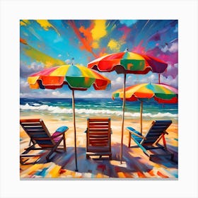 Seaside Trio Of Chairs And Umbrellas Canvas Print
