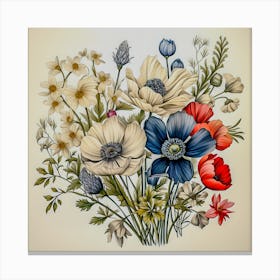 Vintage Botanical Flower Bouquet Art - Handcrafted Floral Illustration Decor Canvas Print