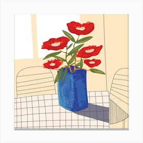 Red Flowers In A Blue Vase Canvas Print