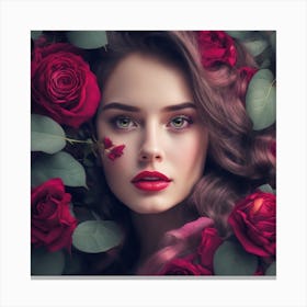 Beautiful Woman With Red Roses Canvas Print