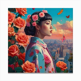 Asian Girl With Roses Canvas Print