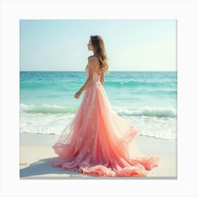 Graceful Woman In Watercolor Gown, Serene Beach Scene 1 Canvas Print