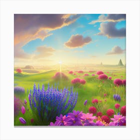 A Tranquil Landscape Adorned With Vibrant Hues Where A Delicate Flower Canvas Print