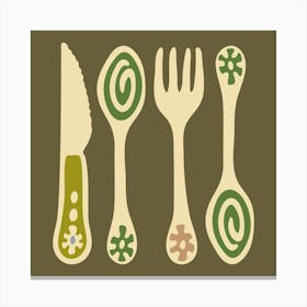 CUTLERY Pop Art Utensils Knife Spoon Fork in Vintage Retro Olive Beige Green on Moss Green Kitchen Canvas Print