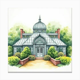 Watercolor Scene Of The Sefton Park Palm House In Liverpool, Highlighting Its Victorian Glasshouse And Lush Surroundings Canvas Print