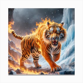 Flaming tiger running through ice caps  Canvas Print