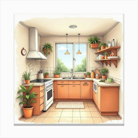 Stylish And Inviting Kitchen Scene In Watercolor, Warm Hues 1 Canvas Print