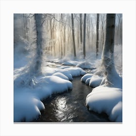 Snow Covered Banks of the Woodland Stream in Winter 1 Canvas Print