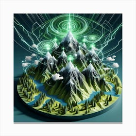 3 Dimensional Mountains With Multiple Green Lightning And White Swirls In A Vortex 3 Canvas Print