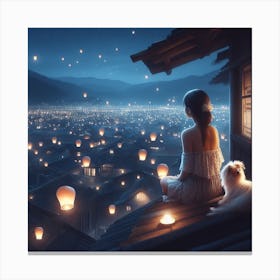 Little girl and her little dog looking at the night sky together Canvas Print