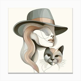 The Woman In The Hat And Her Cat - Minimal Abstract Color Drawing Canvas Print