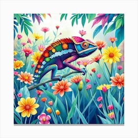 A Chameleon Blending Into A Field Of Rainbow Flowers, Set In A Vibrant Watercolor Jungle Canvas Print