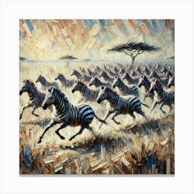 An Abstract Oil Painting Of A Herd Of Zebra Running Through The Savanna On Their Migration.AI 1 Canvas Print