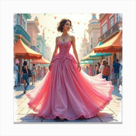 Beautiful Gown Watercolor, Amidst A Colorful Carnival Setting 1 Canvas Print