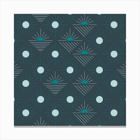Geometric Pattern With Green And Light Blue Suns On Dark Blue Square Canvas Print