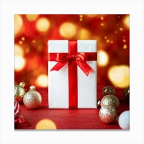 Christmas Decoration Featuring A White Gift Wrapped In Festive Red And White Ribbon Foreground Focu (2) Canvas Print