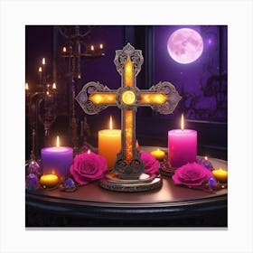 Cross With Candles And Roses Canvas Print