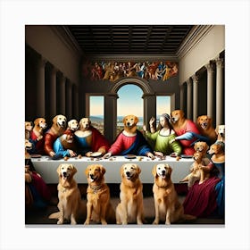 An Unusual Scene Featuring A Bunch Of Golden Retriever Dogs Attending A Rave That Is Themed After The Renaissance Era 3 Canvas Print