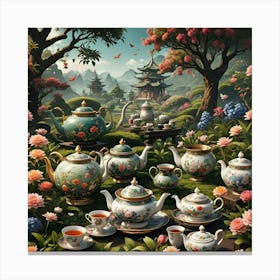 Teapots In The Garden 1 Canvas Print