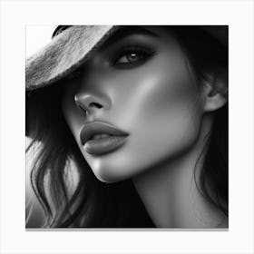The Girl In The Hat 4/4 (beautiful female lady model black and white portrait close up face) Canvas Print