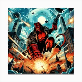 A Page For A Fantasy Comic Book Starring Hellboy Fighting An Epic Battle In A Fiery Apocalyptic Cityscape, Highlighting Explosions And Supernatural Elements Using Vivid Comic Styles And Visual Effects 2 Canvas Print