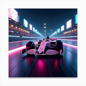 Sleek Formula Car On A Neon Lit Race Track With Holographic Ads Flashing Around 1 Canvas Print