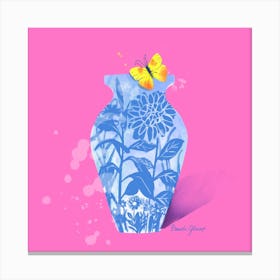 Blue Floral With Yellow Butterfly On Pink Square Canvas Print