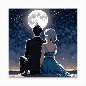 Moon And Stars, A Single Elegant Line Drawing Of A Men And Woman Art Of Sitting To Gather Alone Back Side Pose Canvas Print