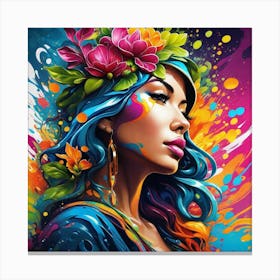 Colorful Girl With Flower Crown 1 Canvas Print