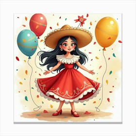 Spanish Girl In A Festive Celebration, Watercolor With Bright, Cheerful Tones 1 Canvas Print