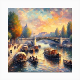 Paris At Sunset With The Seine River And Sailing Boats Canvas Print