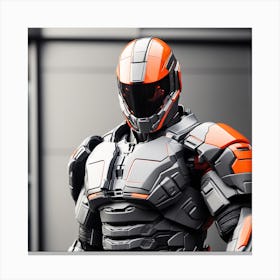 A Futuristic Warrior Stands Tall, His Gleaming Suit And Orange Visor Commanding Attention 32 Canvas Print