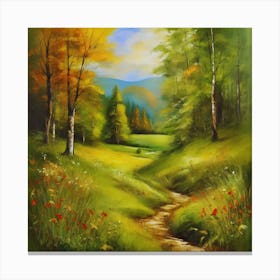 Landscape Painting.Canada's forests. Dirt path. Spring flowers. Forest trees. Artwork. Oil on canvas. 1 Canvas Print