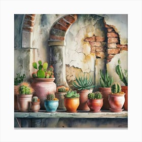 Watercolor painting of an old, weathered wall with cracked stone and peeling paint. The background features various sizes and shapes of terracotta pots on the shelf below. Each pot is filled with vibrant cacti or succulents, 1 Canvas Print