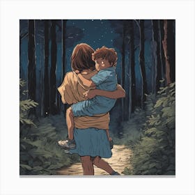 A Mother Carries Her Son In The Middle Of A Forest .. Canvas Print