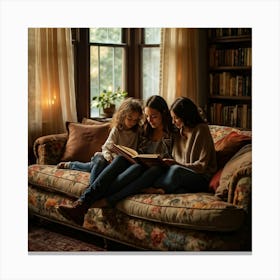 Family Cuddled On A Vintage Floral Couch Engrossed In An Oversized Well Loved Novel Dimly Lit Roo (2) 2 Canvas Print